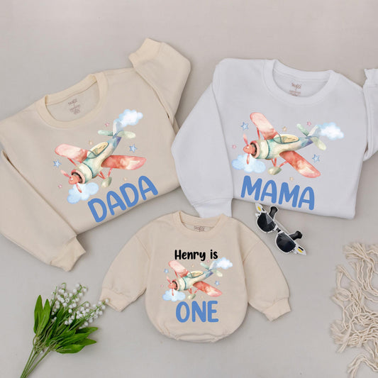 Time Flies First Birthday Family Sweatshirt Flying into One Bodysuit Airplane Birthday Party Crew Shirt