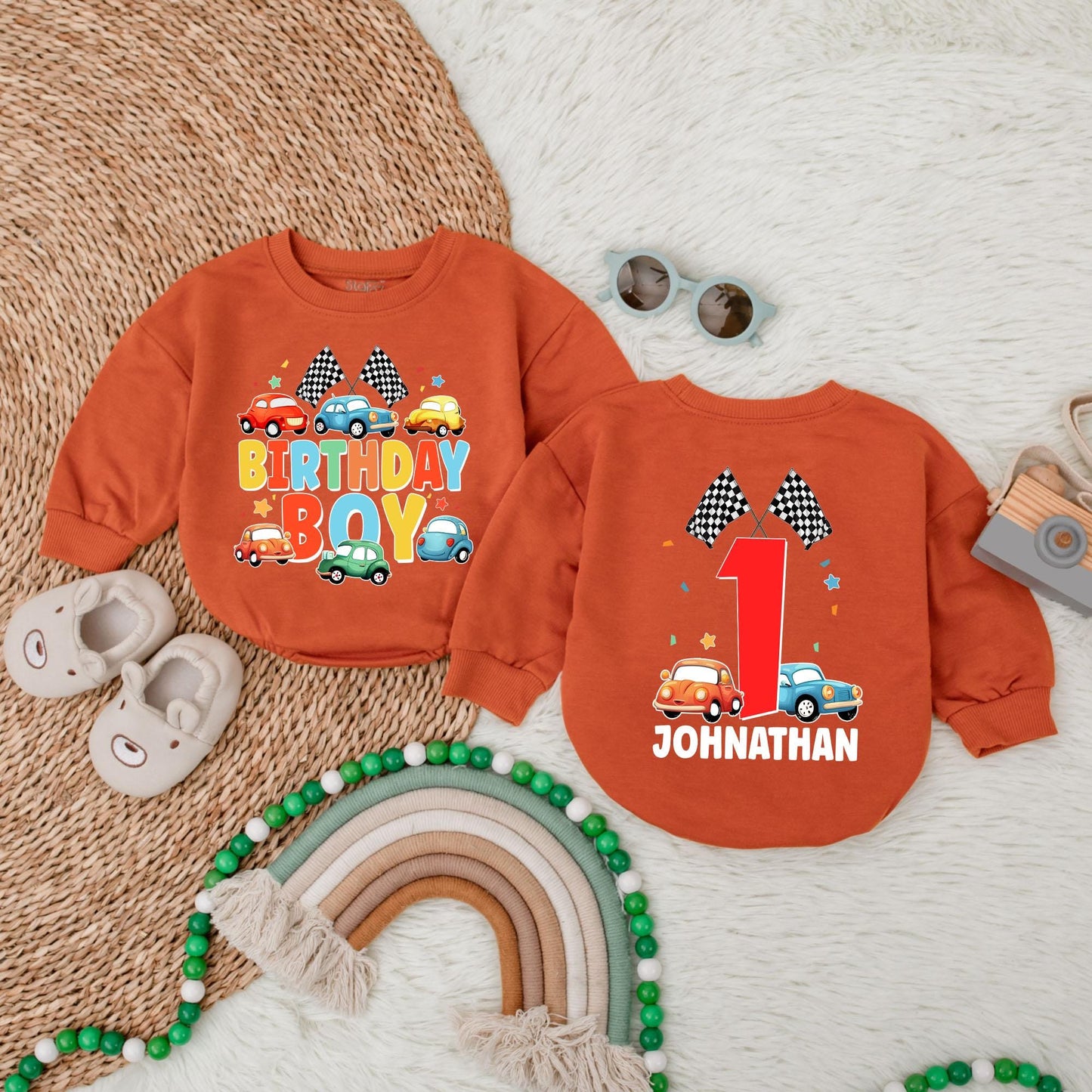 Birthday Boy Cars Bubble Romper Personalized Vehicles Gift Custom Name First Birthday Outfit for Toddler Baby Boy Cotton Comfortable Celebration