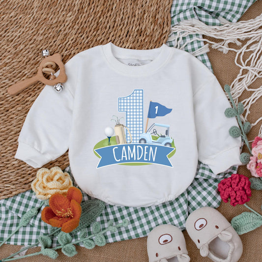 Personalized Golf Hole in One Baby Romper for First Birthday Boy Golf Outfit Newborn Bubble