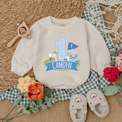 Personalized Golf Hole in One Baby Romper for First Birthday Boy Golf Outfit Newborn Bubble