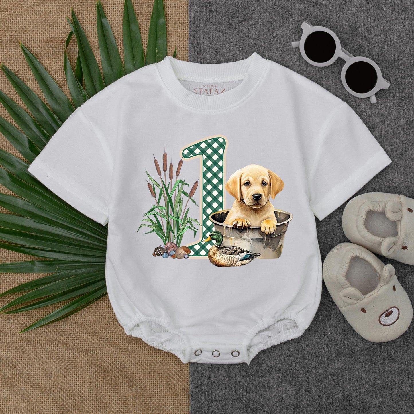 Mallard Duck & Lag Dog Baby Romper - Hunting Lucky Duck Baby Clothes, First Birthday Outfit, Trendy Animal Gift (138 chars)