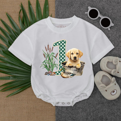 Mallard Duck & Lag Dog Baby Romper - Hunting Lucky Duck Baby Clothes, First Birthday Outfit, Trendy Animal Gift (138 chars)