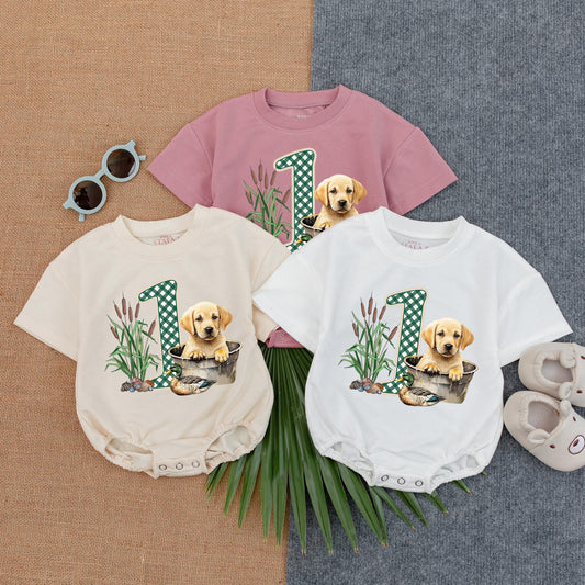 Mallard Duck & Lag Dog Baby Romper - Hunting Lucky Duck Baby Clothes, First Birthday Outfit, Trendy Animal Gift (138 chars)