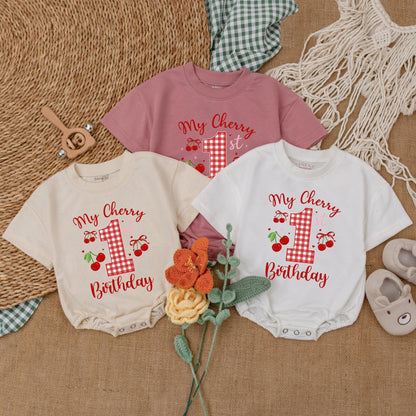 Sweet One Cherry 1st Birthday Outfit Baby Girl Bubble Romper Bodysuit Set with Pink Bow Adorable First Birthday Clothes Baby Shower Gift 136