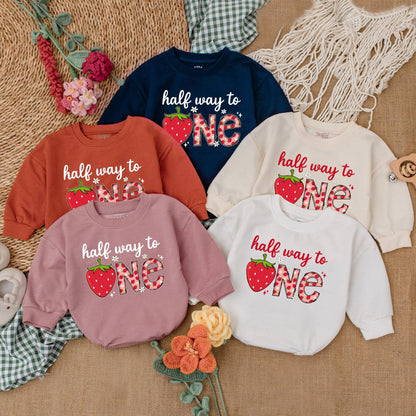 Personalized Berry Half Way To One Romper 6 Months Baby Girl Birthday Outfit Strawberry Theme Bodysuit Sweet Half Birthday Gift