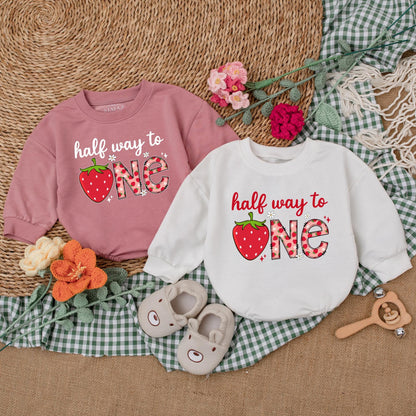 Personalized Berry Half Way To One Romper 6 Months Baby Girl Birthday Outfit Strawberry Theme Bodysuit Sweet Half Birthday Gift