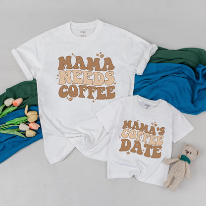 Personalized Mama Needs Coffee and Baby’s Coffee Date Matching Shirts Mom Mini Outfit New Mom Gift Mothers Day Tee Comfortable Cotton