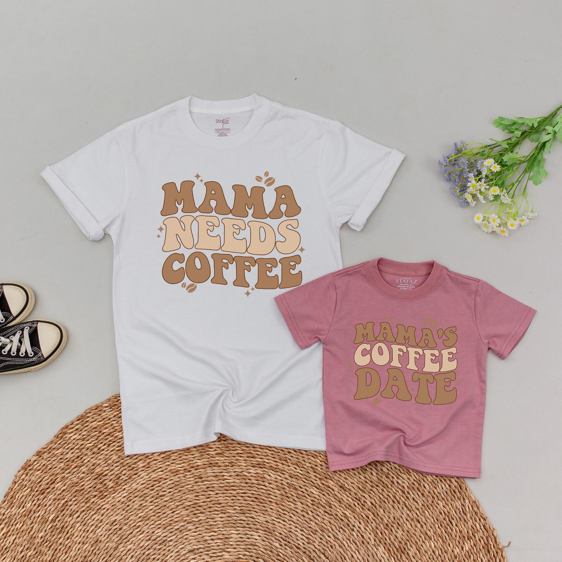 Personalized Mama Needs Coffee and Baby’s Coffee Date Matching Shirts Mom Mini Outfit New Mom Gift Mothers Day Tee Comfortable Cotton