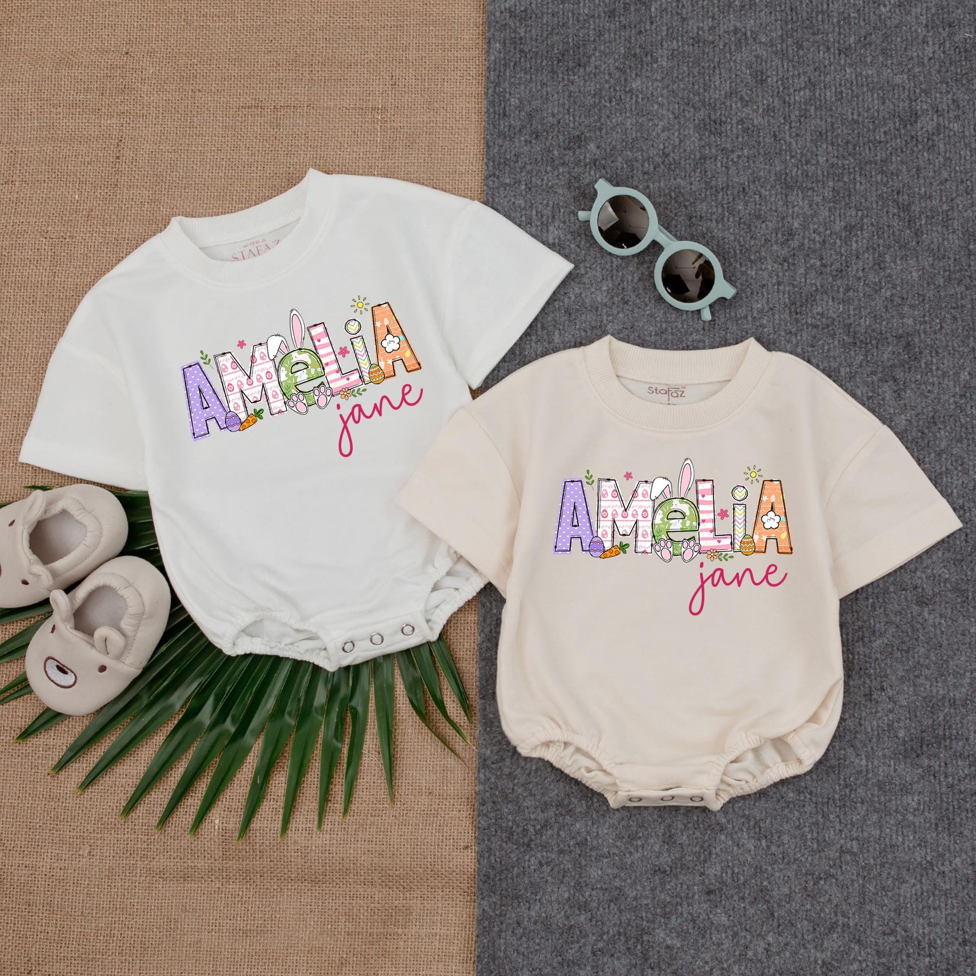 Personalized Bunny Baby Romper for Easter, Custom Name Sweatshirt Bodysuit, Baby Girl's First Easter Outfit, Birthday Gift