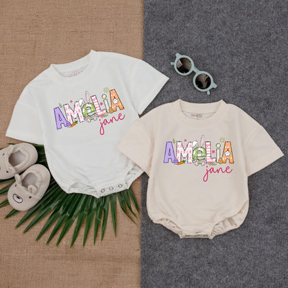 Personalized Bunny Baby Romper for Easter, Custom Name Sweatshirt Bodysuit, Baby Girl's First Easter Outfit, Birthday Gift