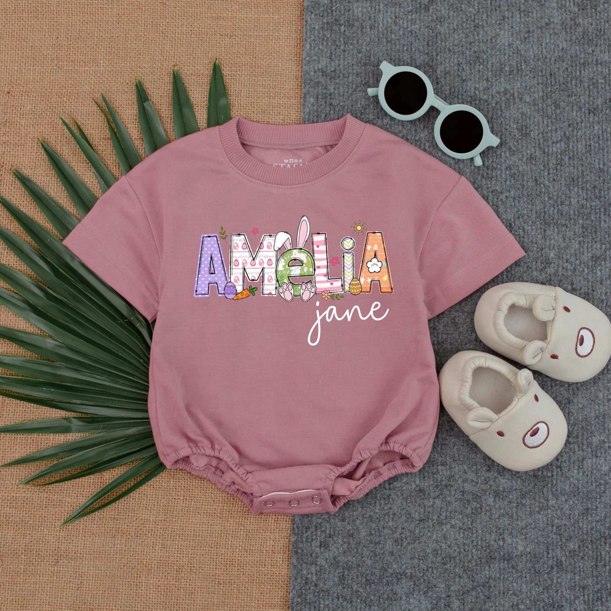 Personalized Bunny Baby Romper for Easter, Custom Name Sweatshirt Bodysuit, Baby Girl's First Easter Outfit, Birthday Gift