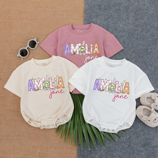 Personalized Bunny Baby Romper for Easter, Custom Name Sweatshirt Bodysuit, Baby Girl's First Easter Outfit, Birthday Gift