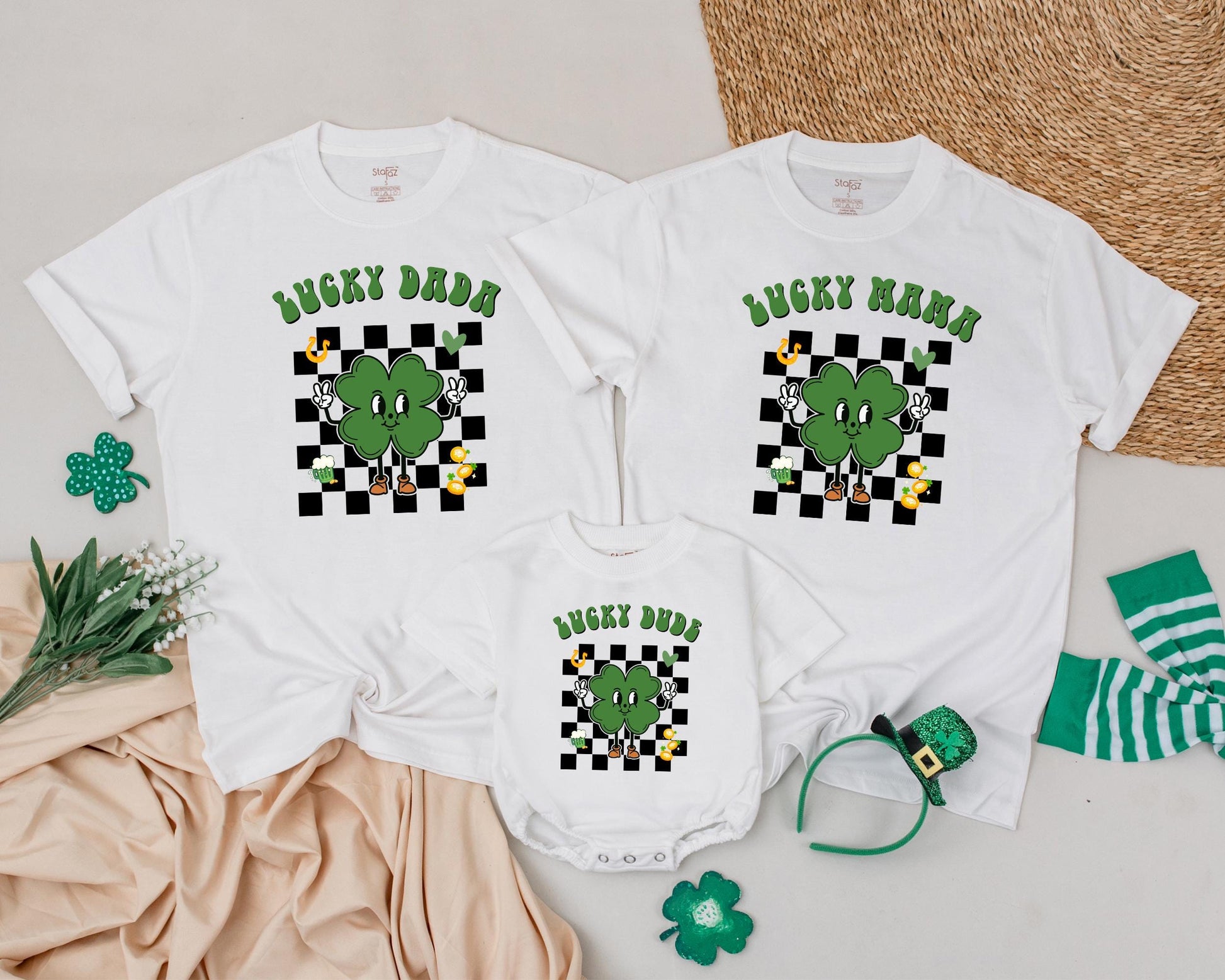 Lucky Birthday Family Matching Shirts, Cute Shamrock Outfit, Personalized Name on Retro St Patricks Day Tee, Green Clover Design, Baby 1st Birthday Gift