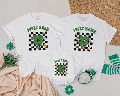 Lucky Birthday Family Matching Shirts, Cute Shamrock Outfit, Personalized Name on Retro St Patricks Day Tee, Green Clover Design, Baby 1st Birthday Gift