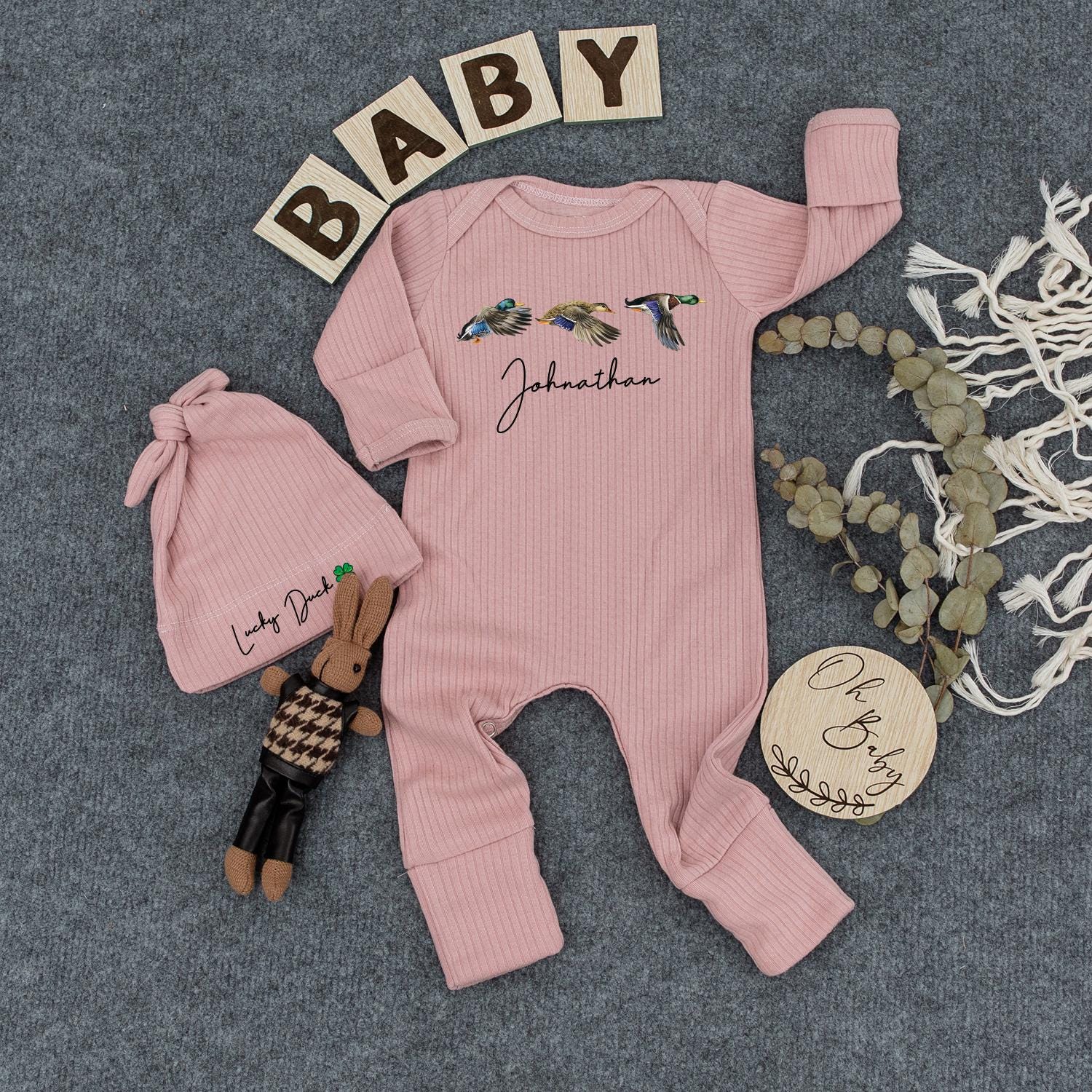 Personalized Mallard Duck Baby Bodysuit & Hat Lucky Duck Going Home Outfit Newborn Gift