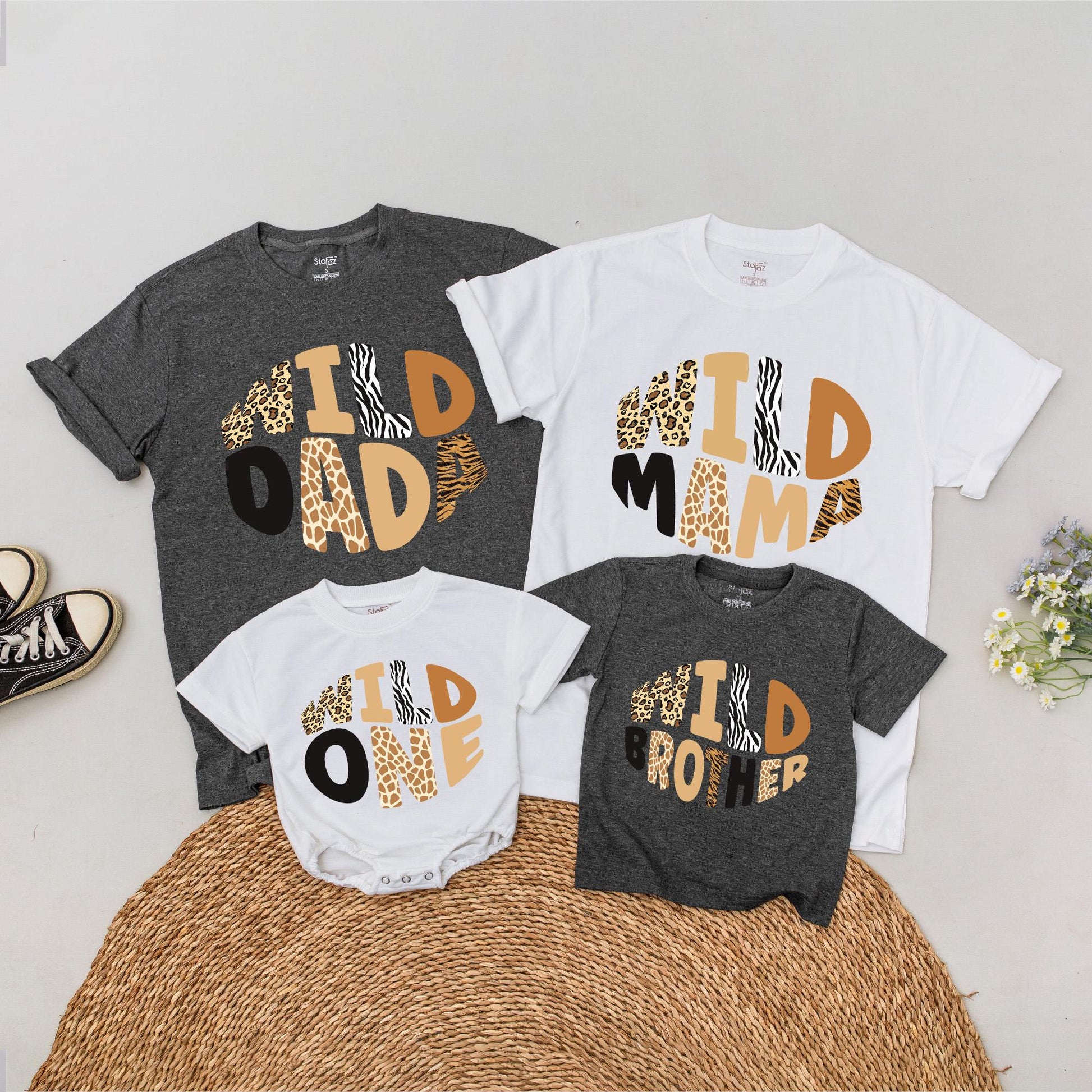 Personalized Wild Safari Family Matching T-Shirts and Romper for a Wild One Birthday Celebration Vacation Outfits
