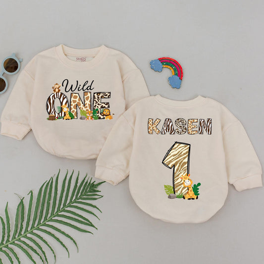 Wild One Safari Birthday Romper for Baby Boy Girl First Birthday Fun Cartoon Animals & Wild Patterns Celebrate 1 Year Old