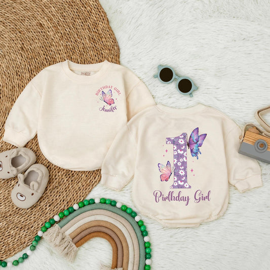 Butterfly Girl 1st Birthday Bubble Romper Personalized Purple Butterfly Design Baby Girl Outfit First Birthday Gift