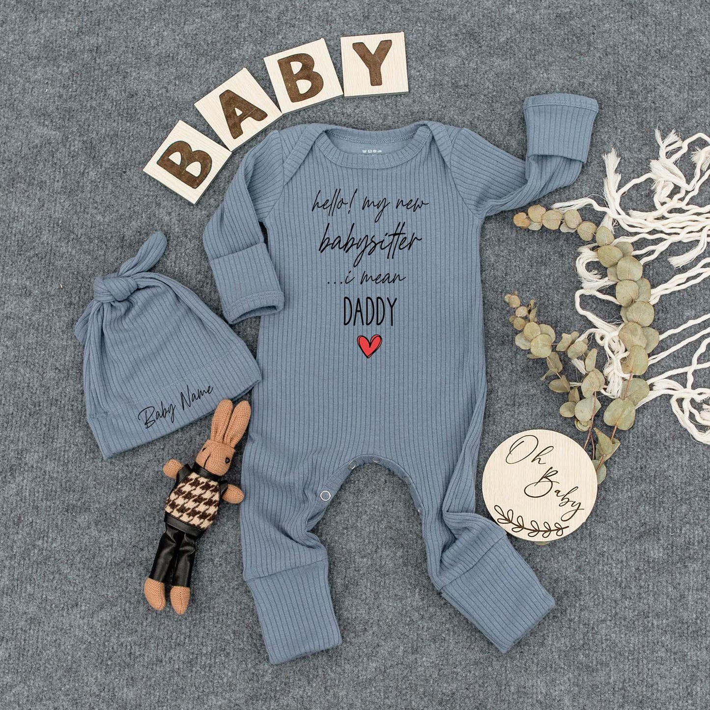 Hello Babysitter Auntie Personalized Baby Bodysuit & Hat Set Sweet Welcome Home Outfit Newborn Custom Gift Baby Shower Present