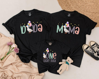 One Lucky Duck First Birthday Matching Family Shirts Pastel Duck Birthday Outfit Teal Peach Gray Baby Girl Party Tee Playful 1st Birthday Apparel