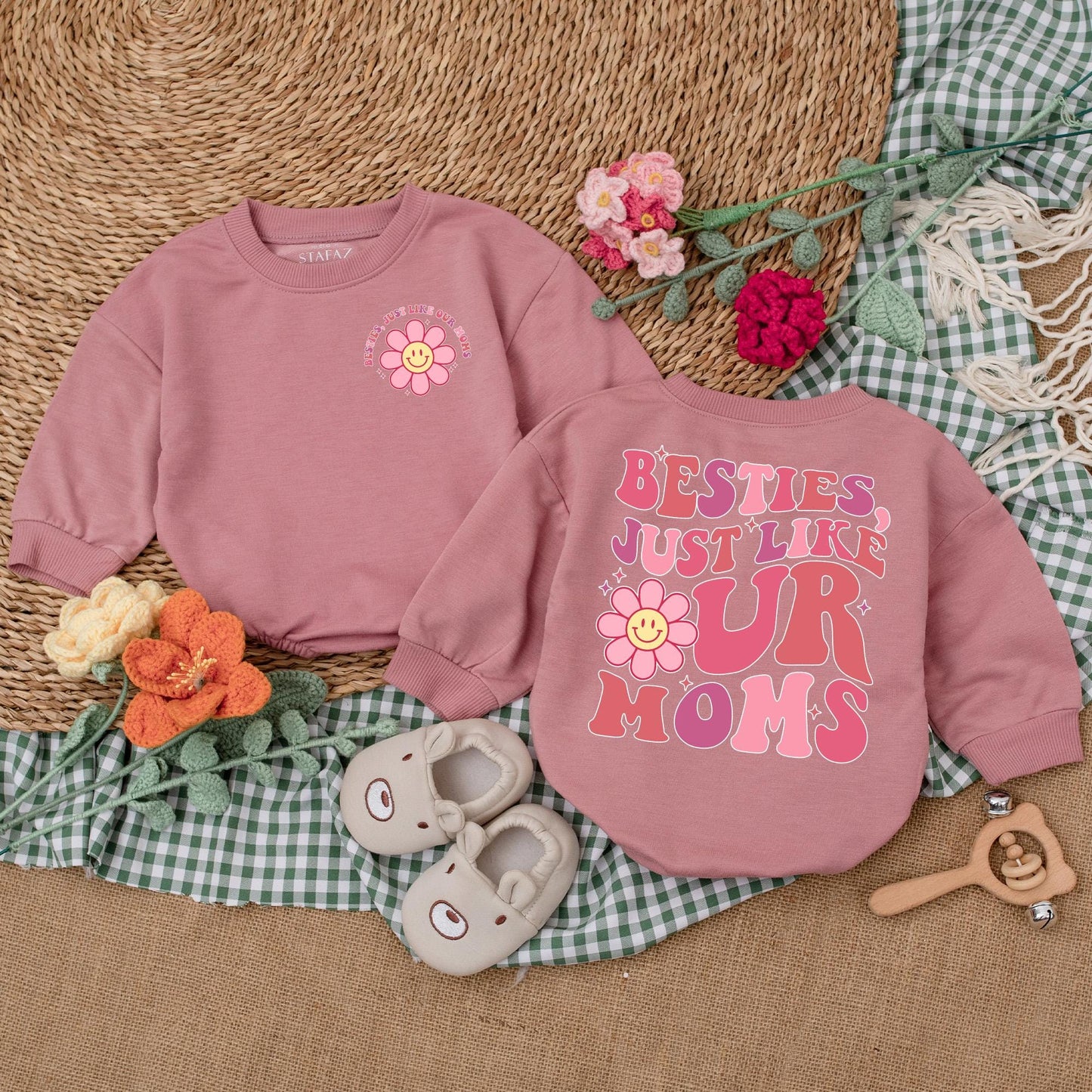 Besties Just Like Our Moms Retro Baby Romper Cute Pink Wavy Font Flower Smiley Face Starbursts Playful Friendship Outfit Baby Girl Gift Shower Present