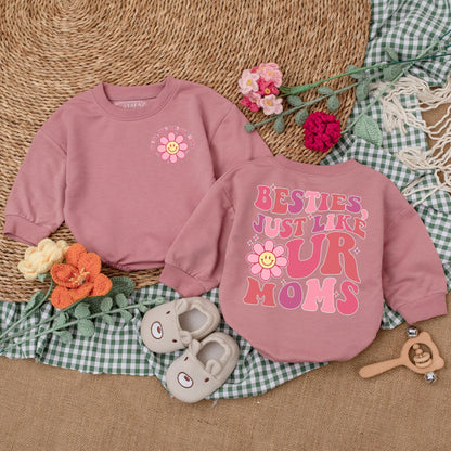 Besties Just Like Our Moms Retro Baby Romper Cute Pink Wavy Font Flower Smiley Face Starbursts Playful Friendship Outfit Baby Girl Gift Shower Present