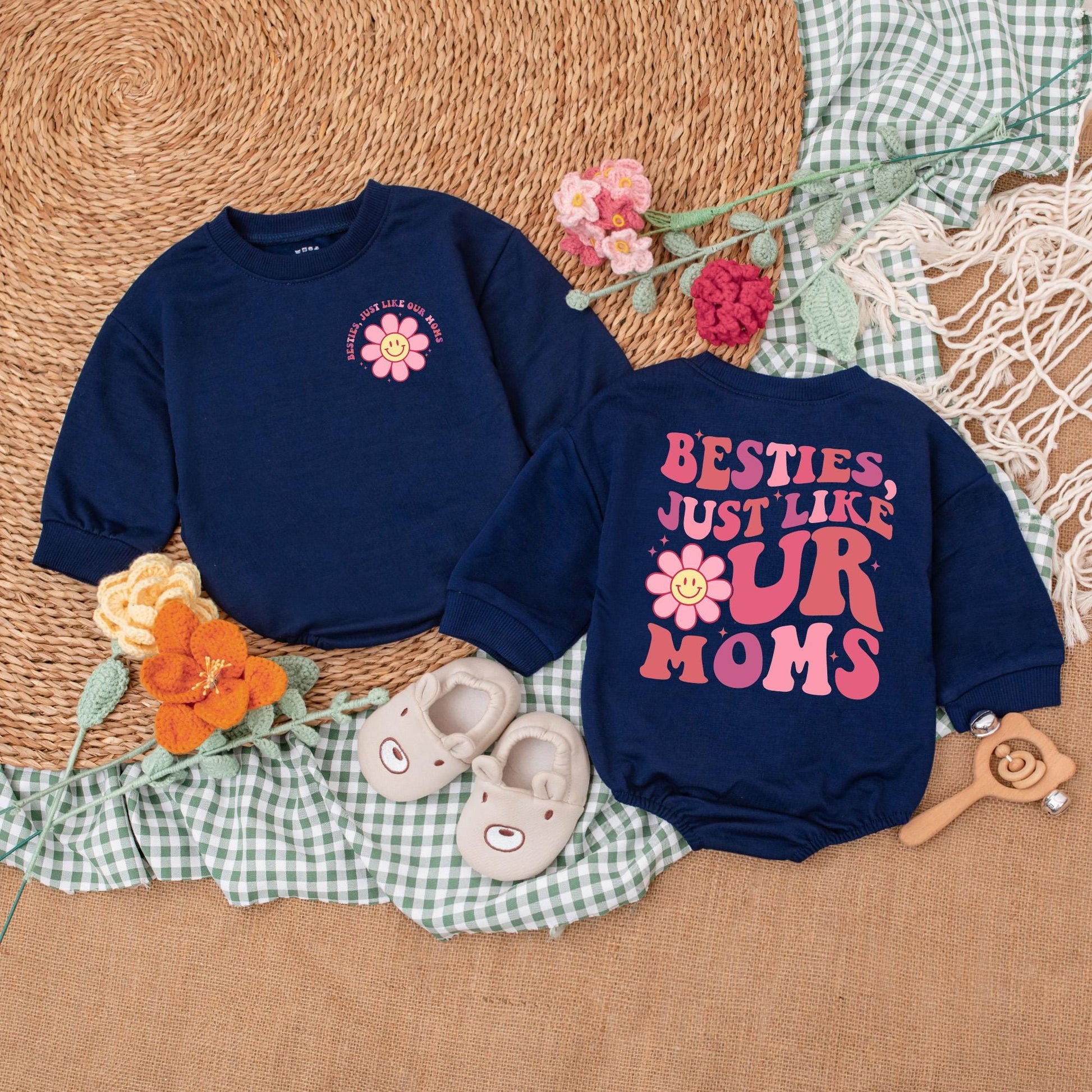 Besties Just Like Our Moms Retro Baby Romper Cute Pink Wavy Font Flower Smiley Face Starbursts Playful Friendship Outfit Baby Girl Gift Shower Present