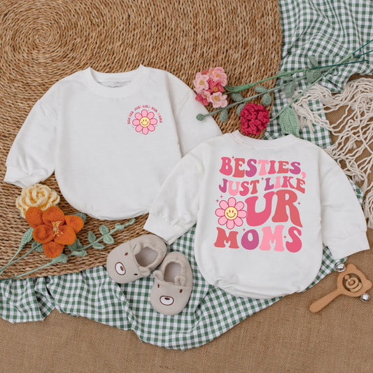 Besties Just Like Our Moms Retro Baby Romper Cute Pink Wavy Font Flower Smiley Face Starbursts Playful Friendship Outfit Baby Girl Gift Shower Present