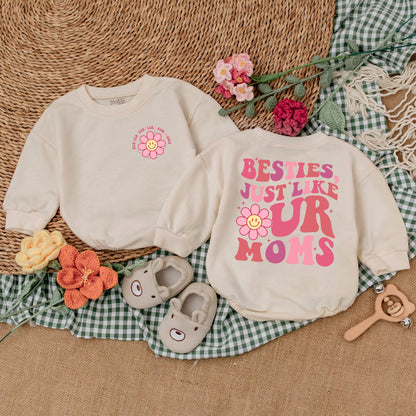 Besties Just Like Our Moms Retro Baby Romper Cute Pink Wavy Font Flower Smiley Face Starbursts Playful Friendship Outfit Baby Girl Gift Shower Present