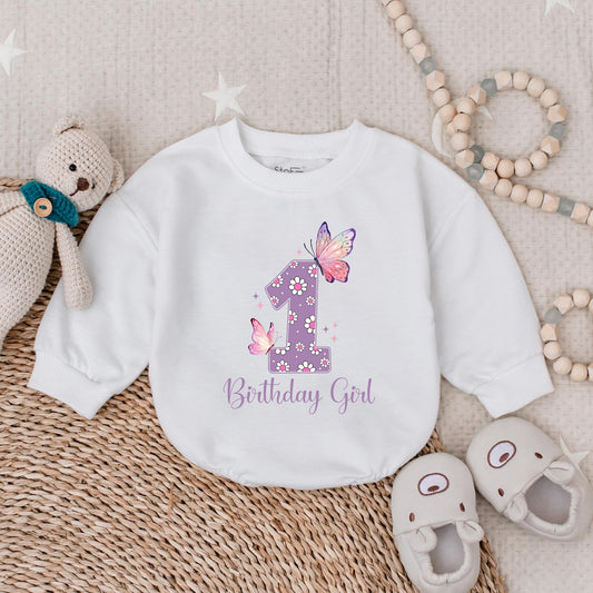 Birthday Girl Butterfly Bubble Romper Baby Bodysuit First Birthday Outfit Adorable Baby Girl Party Celebration Clothes Soft Comfortable Cotton Gift