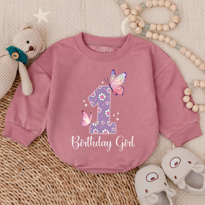 Birthday Girl Butterfly Bubble Romper Baby Bodysuit First Birthday Outfit Adorable Baby Girl Party Celebration Clothes Soft Comfortable Cotton Gift