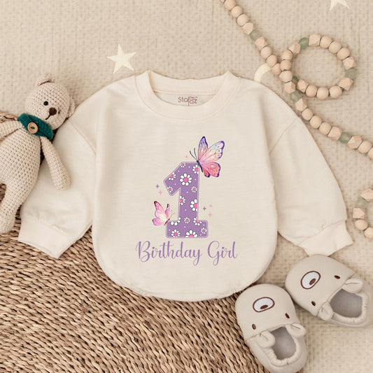 Birthday Girl Butterfly Bubble Romper Baby Bodysuit First Birthday Outfit Adorable Baby Girl Party Celebration Clothes Soft Comfortable Cotton Gift