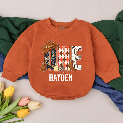 Hayden's 1st Rodeo Birthday Romper: Western ONE Design with Cowboy Hat, Boots & Sheriff Star, Personalized Baby Boy Outfit