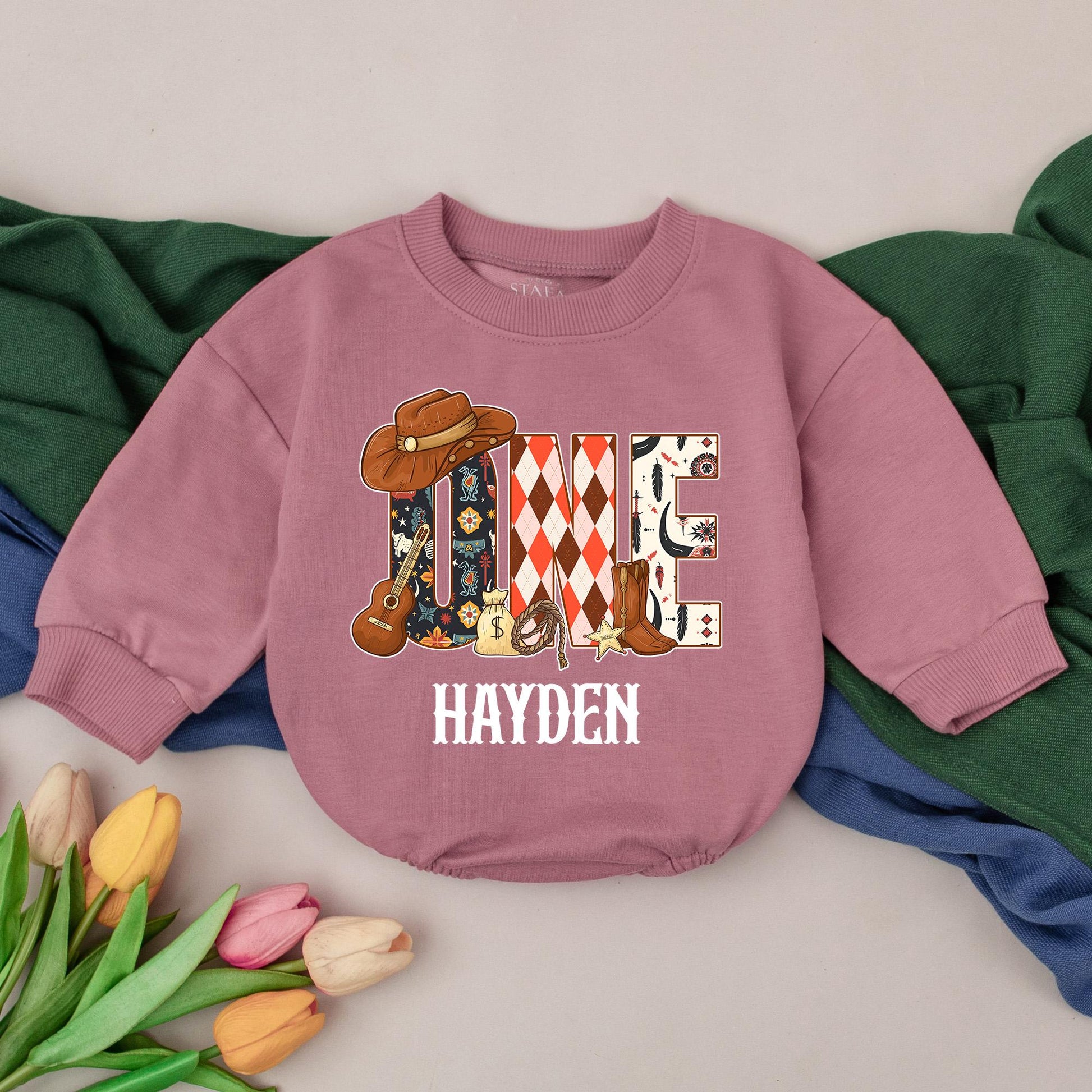 Hayden's 1st Rodeo Birthday Romper: Western ONE Design with Cowboy Hat, Boots & Sheriff Star, Personalized Baby Boy Outfit