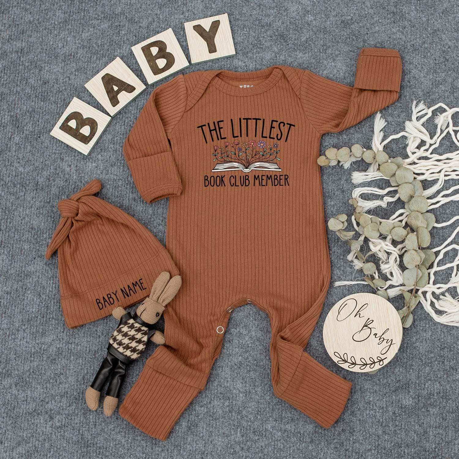 Personalized Littlest Book Club Member Baby Bodysuit and Hat Going Home Outfit Soft Gender Neutral Newborn Shower Gift Future Bookworm