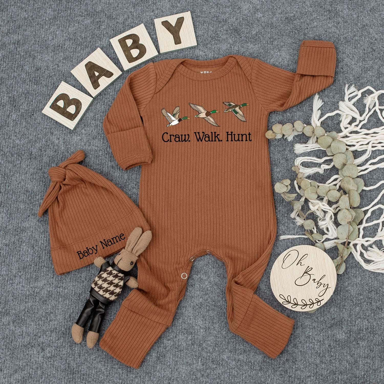 Craw Walk Hunt Baby Bodysuit & Hat Set: Duck Hunting Newborn Outfit, Personalized Baby Shower Gift, New Baby Clothes