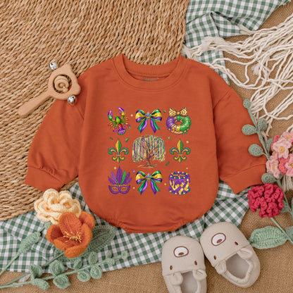 Cute Mardi Gras Baby Romper with Colorful Louisiana Icons, Weeping Willow & Beads, Purple Green Gold Festive Baby Outfit Bodysuit Gift