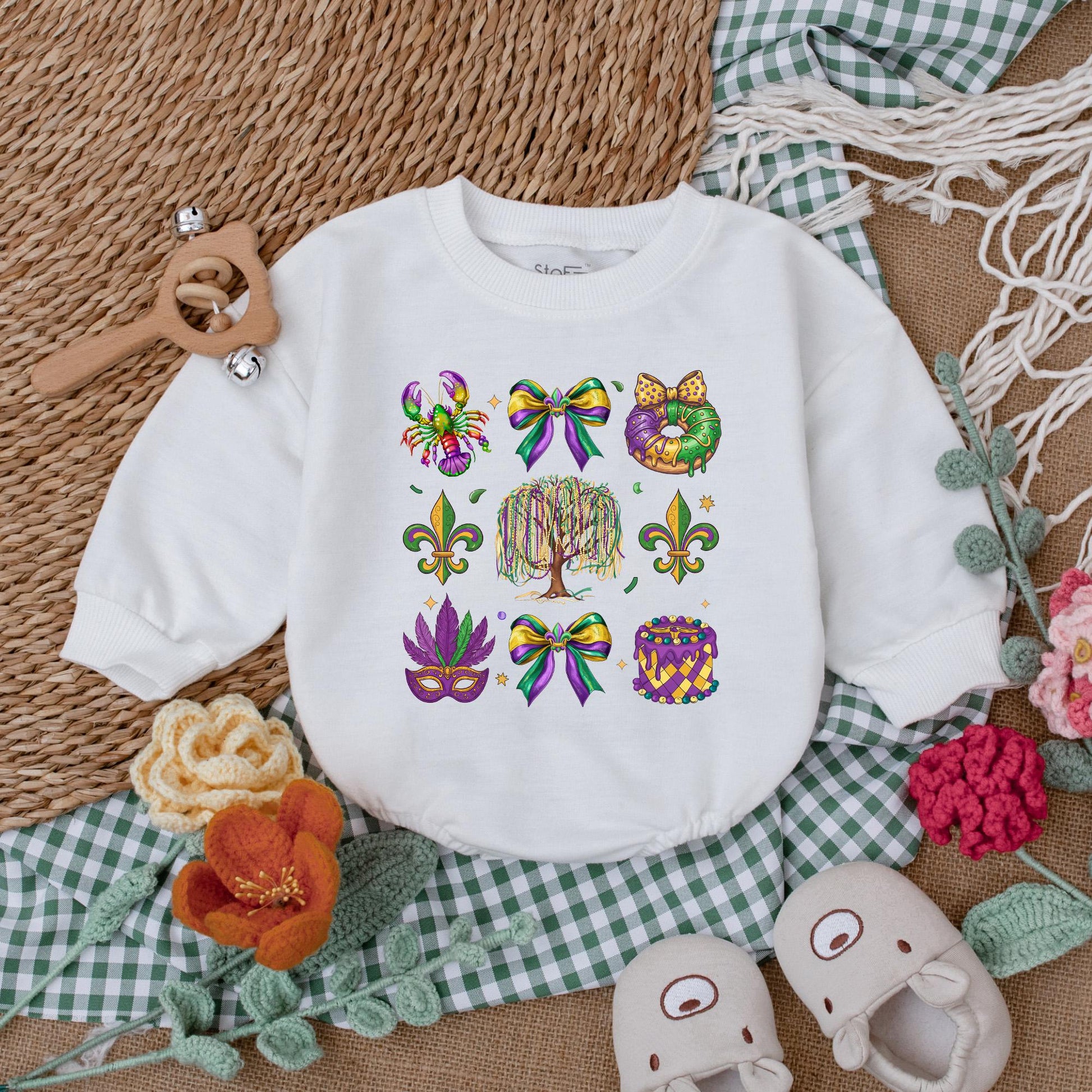 Cute Mardi Gras Baby Romper with Colorful Louisiana Icons, Weeping Willow & Beads, Purple Green Gold Festive Baby Outfit Bodysuit Gift