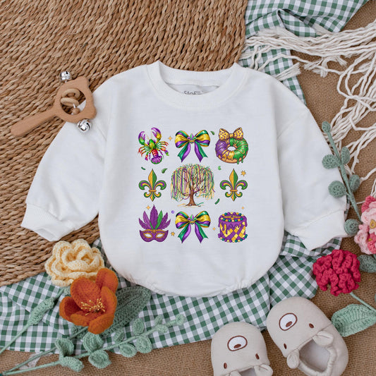 Cute Mardi Gras Baby Romper with Colorful Louisiana Icons, Weeping Willow & Beads, Purple Green Gold Festive Baby Outfit Bodysuit Gift