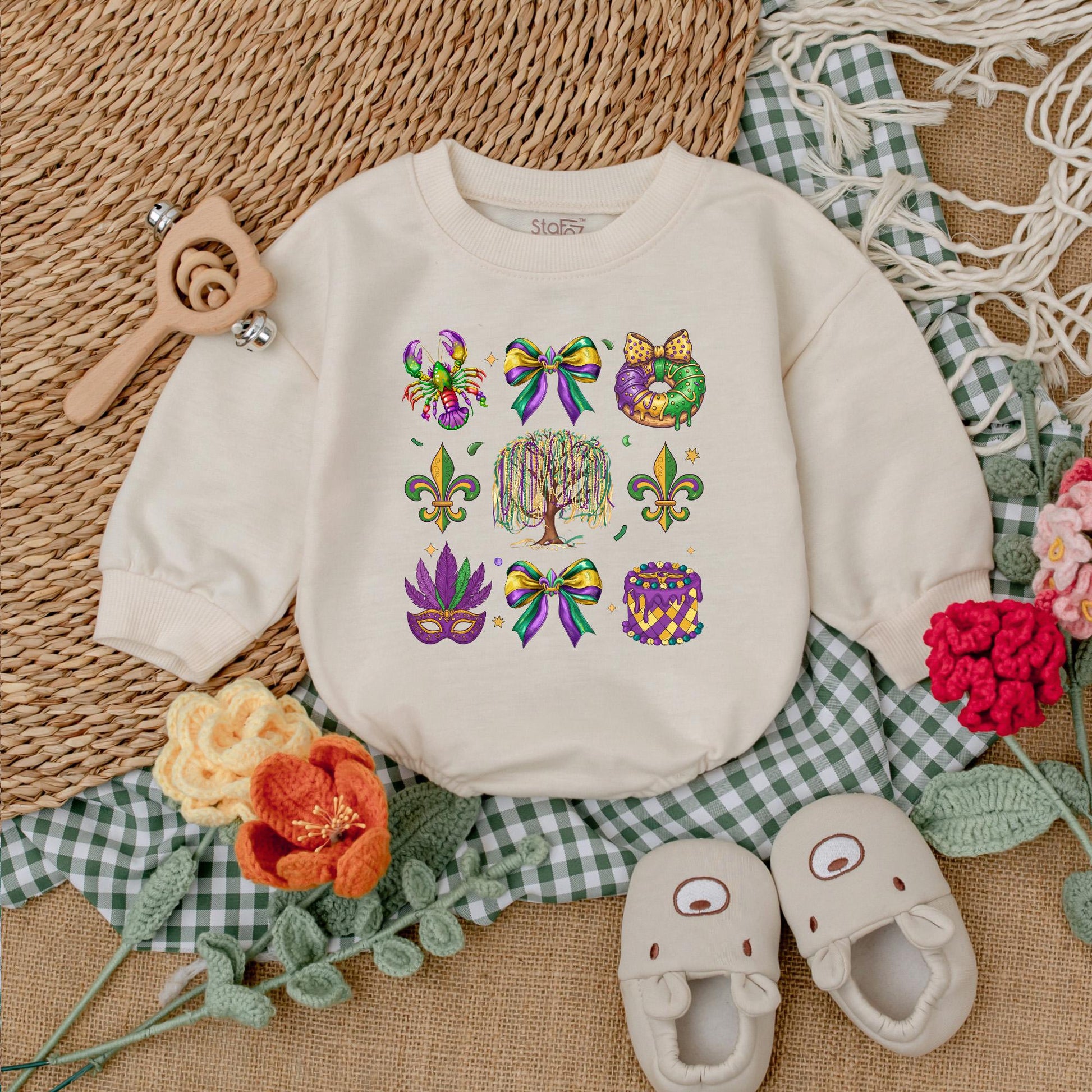 Cute Mardi Gras Baby Romper with Colorful Louisiana Icons, Weeping Willow & Beads, Purple Green Gold Festive Baby Outfit Bodysuit Gift