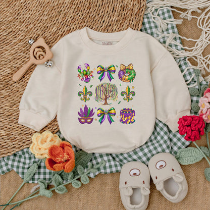 Cute Mardi Gras Baby Romper with Colorful Louisiana Icons, Weeping Willow & Beads, Purple Green Gold Festive Baby Outfit Bodysuit Gift