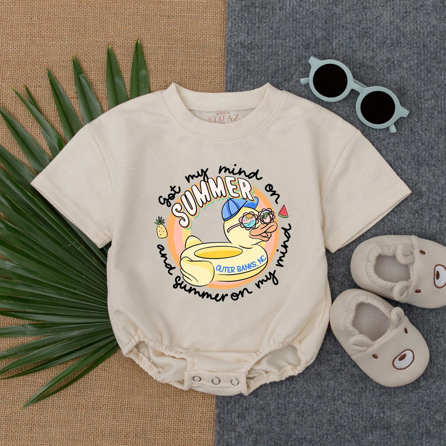 Custom My First Beach Vacation Baby Romper Short Sleeve Bodysuit for Newborns, a perfect summer beach baby outfit and personalized 1st trip gift