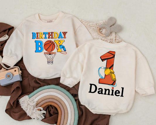 Custom Basketball Birthday Romper for Baby Boy Personalized First Birthday Outfit Game Day Sports Theme Bodysuit