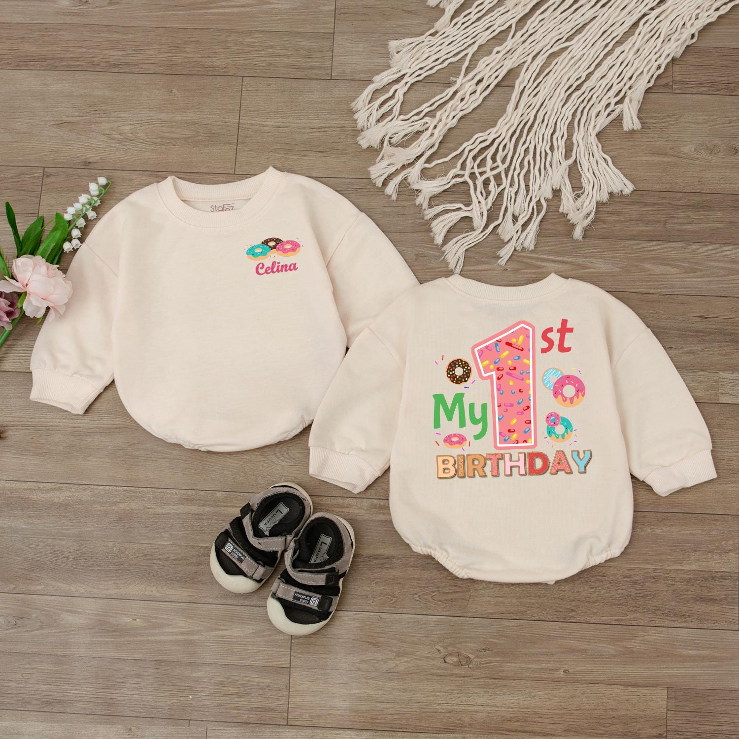 Sweet One Donut Romper for Baby Girls Custom First Birthday Outfit Newborn Bodysuit Shower Gift Long Sleeve
