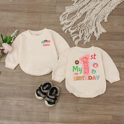 Sweet One Donut Romper for Baby Girls Custom First Birthday Outfit Newborn Bodysuit Shower Gift Long Sleeve