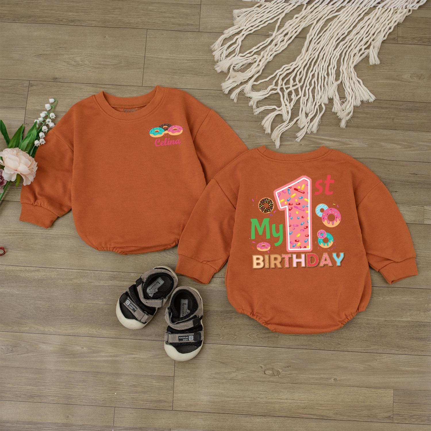 Sweet One Donut Romper for Baby Girls Custom First Birthday Outfit Newborn Bodysuit Shower Gift Long Sleeve