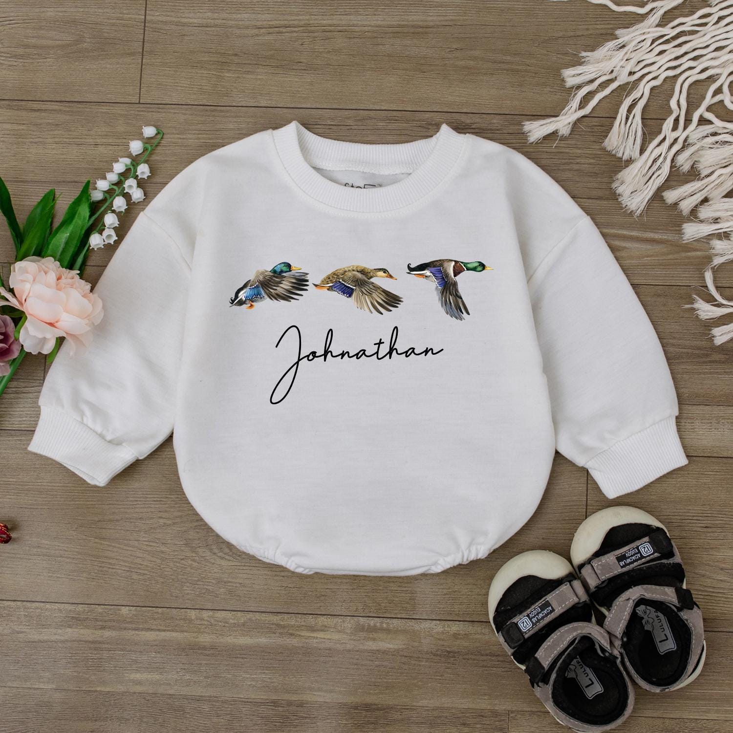 Personalized Mallard Duck Hunting Bubble Romper, First Birthday Outfit, Boy Ducking Hunter Baby Romper, Newborn Bodysuit, Duck Lover Gift
