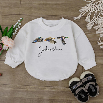 Personalized Mallard Duck Hunting Bubble Romper, First Birthday Outfit, Boy Ducking Hunter Baby Romper, Newborn Bodysuit, Duck Lover Gift