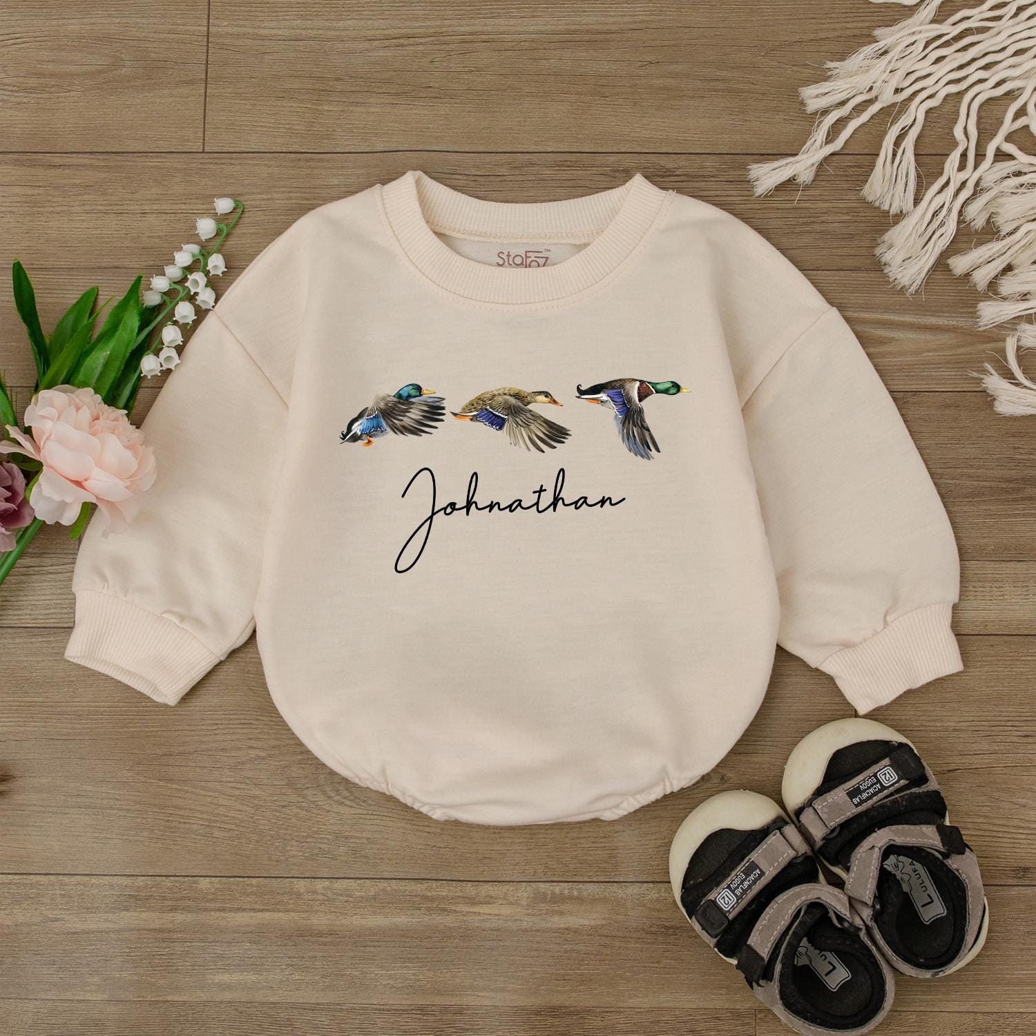 Personalized Mallard Duck Hunting Bubble Romper, First Birthday Outfit, Boy Ducking Hunter Baby Romper, Newborn Bodysuit, Duck Lover Gift
