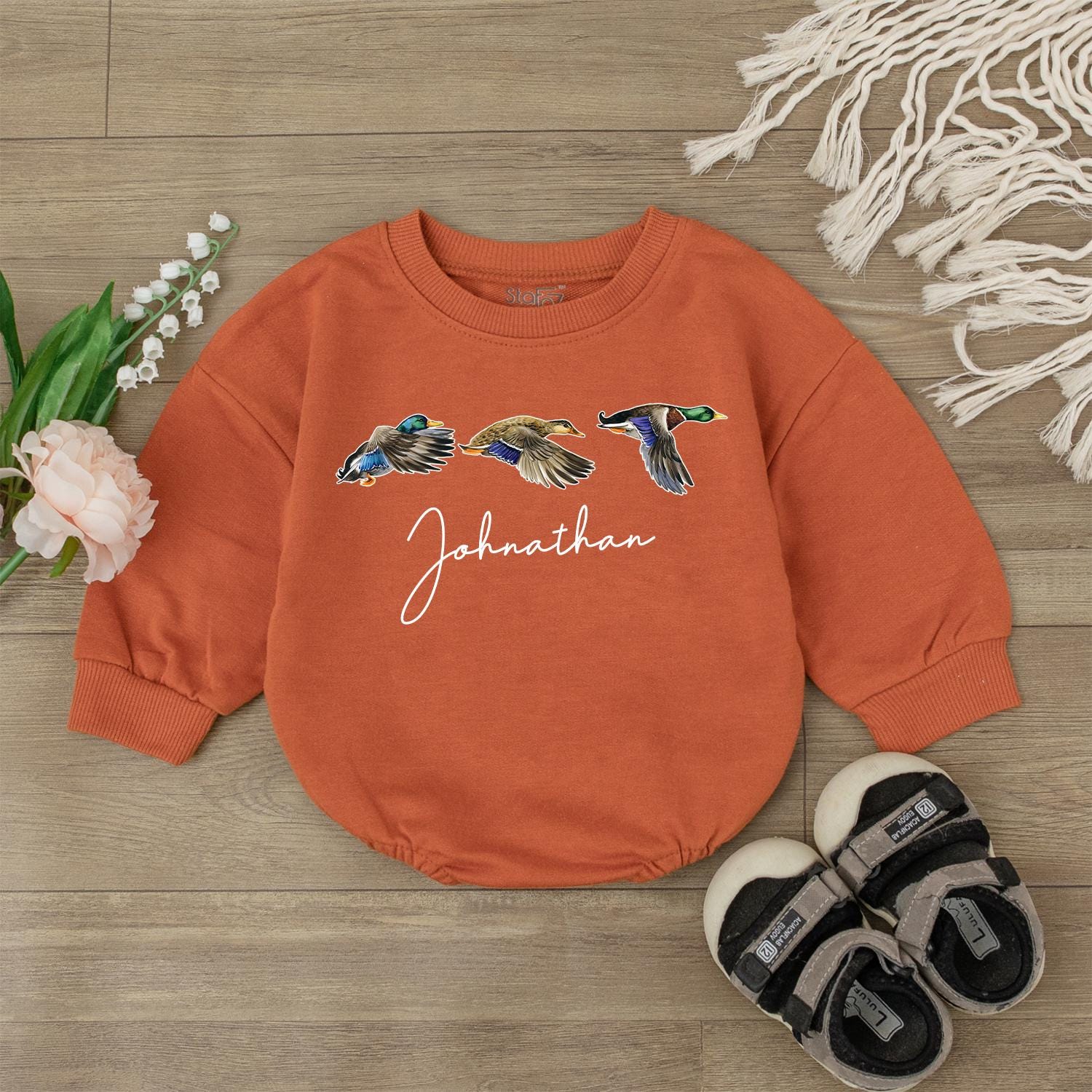 Personalized Mallard Duck Hunting Bubble Romper, First Birthday Outfit, Boy Ducking Hunter Baby Romper, Newborn Bodysuit, Duck Lover Gift